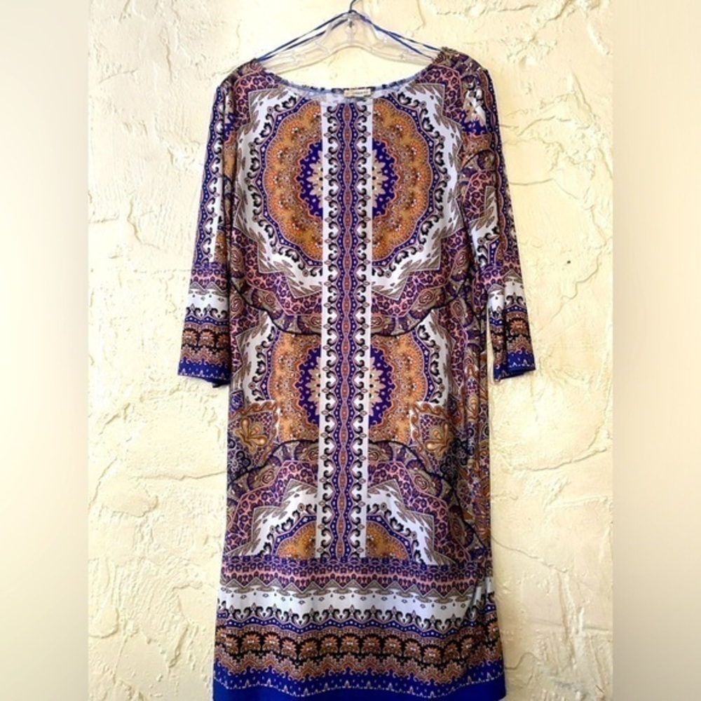 Haani Dress Vibrant Colors of Royal Blue and Gold Boho Sheath Knee Length (M)